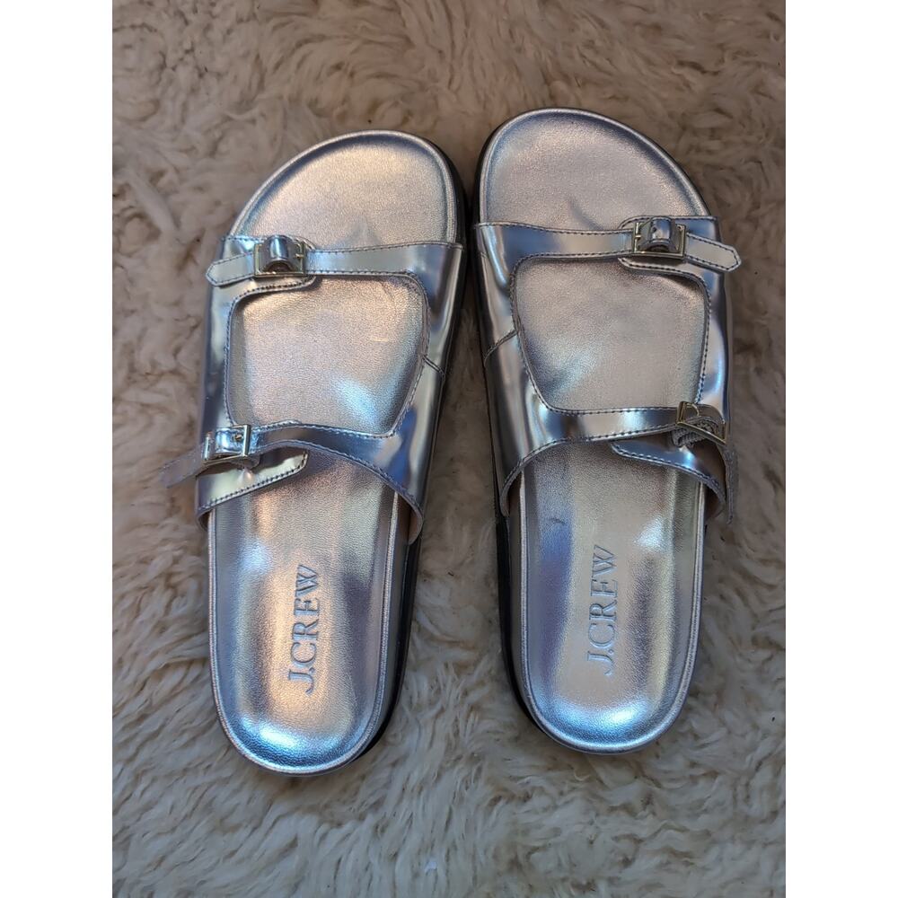 NWOB J. Crew Colbie SZ 8 Leather Double Strap Sandal Silver Gold Buckle $198